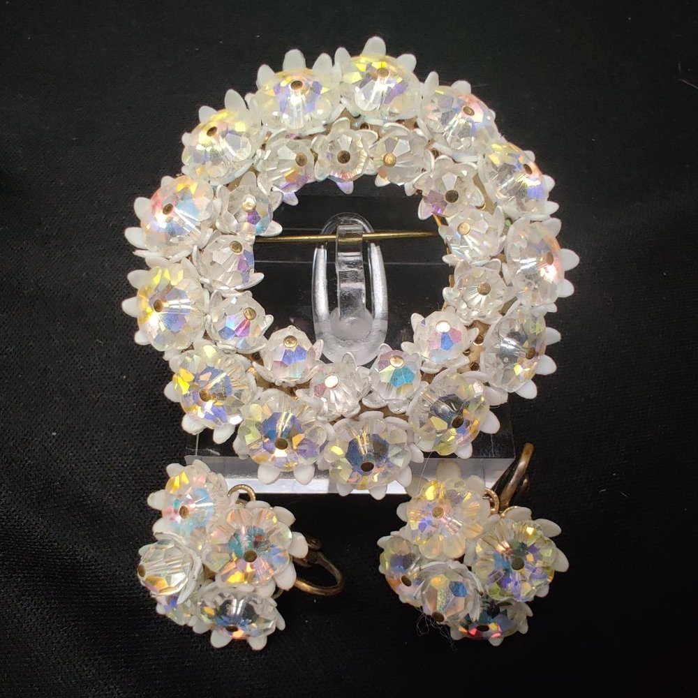 Vtg Soft Plastic AB Rhinestone Brooch & Earrings